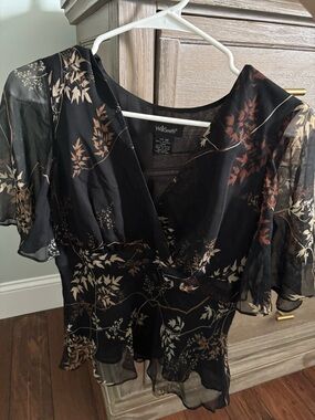 Willi Smith Black Floral Sheer Wrap Blouse